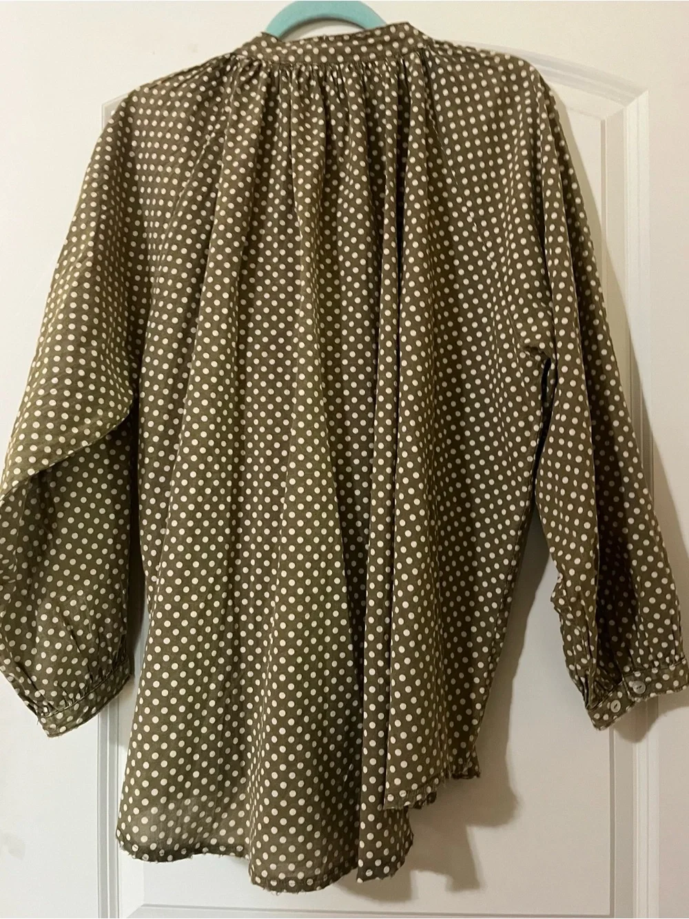Jaded Gypsy oversized olive green white polka-dots versatile. Boho Raw Hems OS - Picture 6 of 10